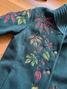 Bob Mackie embellished embroidered forest green fleece cardigan autumn leaves S